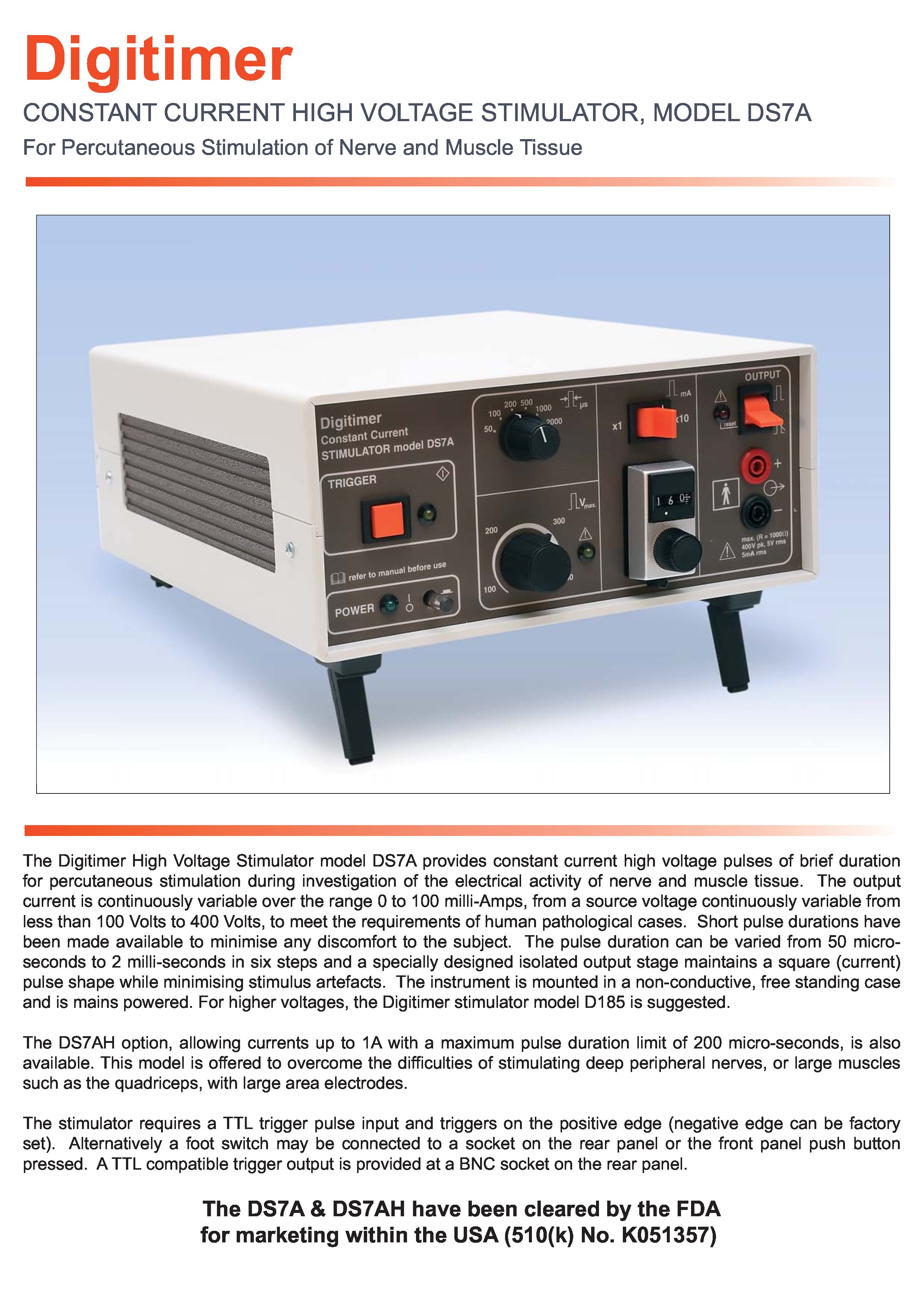 DS7A & DS7AH High Voltage Constant Current Electrical Stimulators